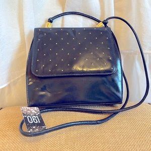 Authentic Stuart Weitzman Dark Navy Leather Crossbody Purse w/ Gold Pin Details